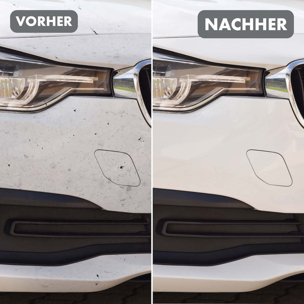 Vorher-Nachher-Effekt=>Dank unserem Insektenentferner musst Du im Sommer nicht mehr mit unschönen Insektenresten herumfahren!