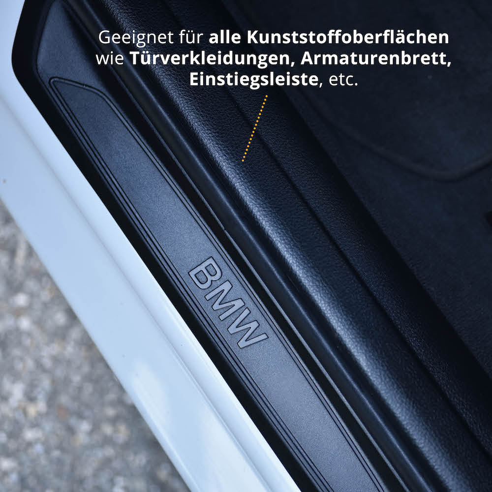 Kaschiert Vermattungen=>Unsere Kunststoffpflege eignet sich für alle Kunststoffoberflächen im Fahrzeuginnenraum als auch an der Karosserie.