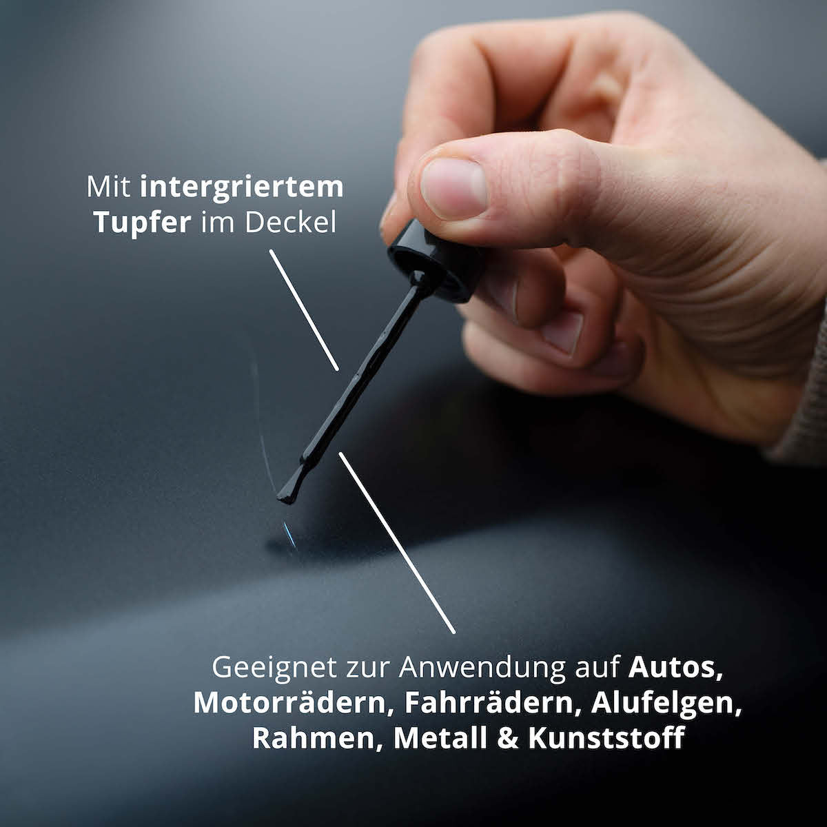 Integrierter Tupfer=>Für eine mühelose Anwendung ist im Deckel ein Tupfer integriert, mit dem selbst kleinste Stellen präzise behandelt werden können.