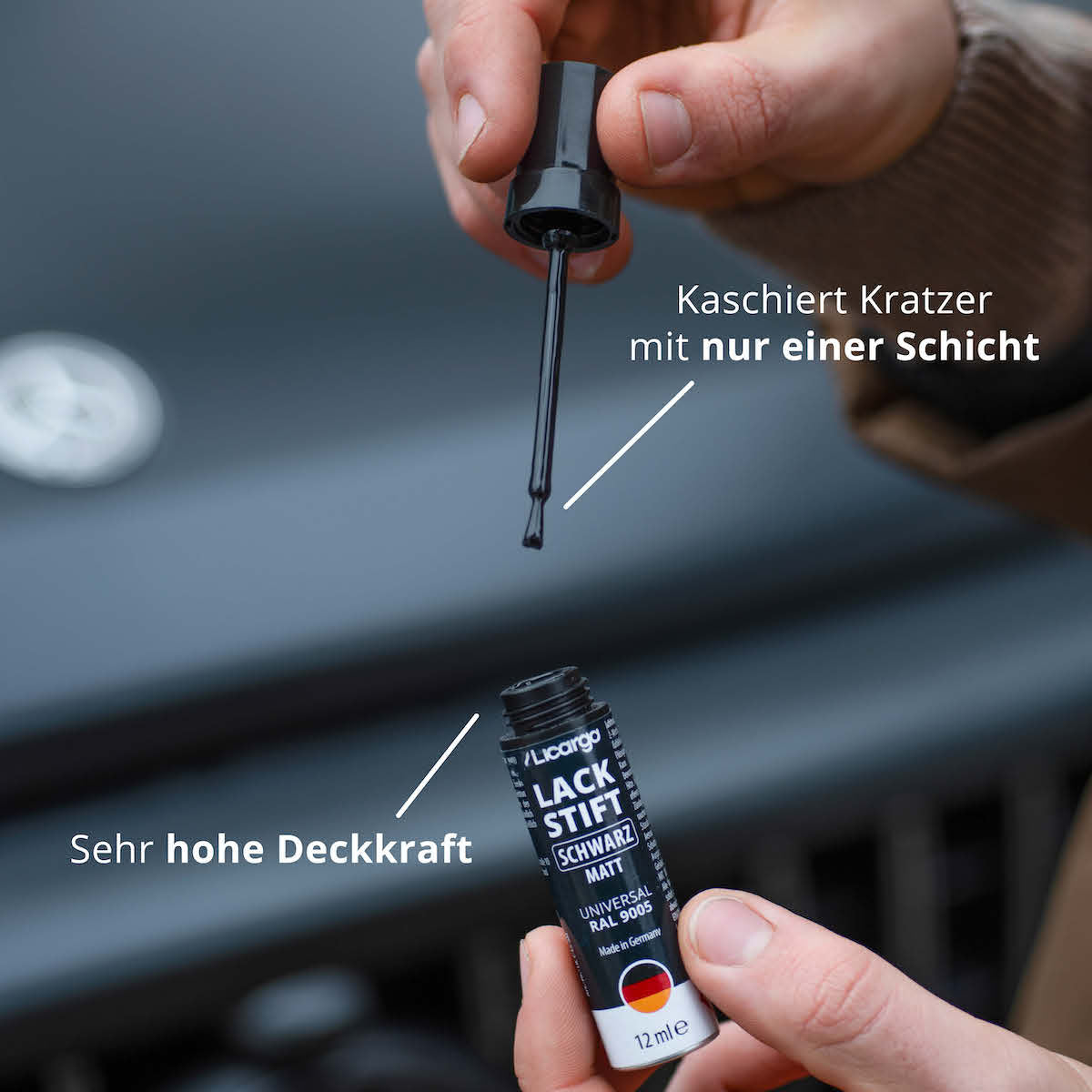 1-Schicht-Lack=>Eine Schicht genügt, um Kratzer vollständig abzudecken. Es wird außerdem kein Klarlack benötigt.