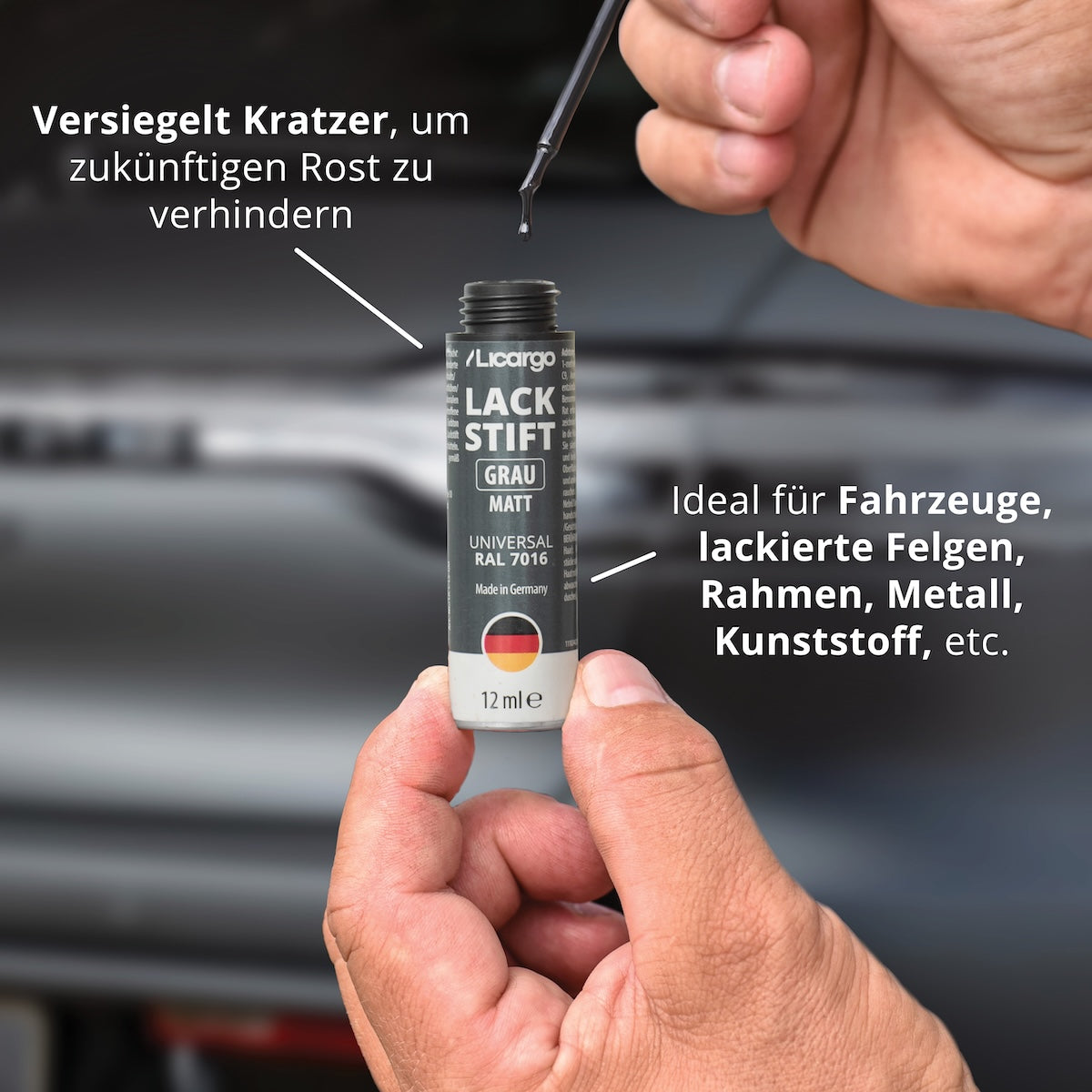 Vielseitige Anwendung=>Unser Lackstift eignet sich nicht nur für Fahrzeuge, sondern auch für lackierte Felgen, Rahmen, Metall, Kunststoff und vieles mehr. Er kaschiert Kratzer und versiegelt sie gleichzeitig, um zukünftige Rostbildung zu verhindern.