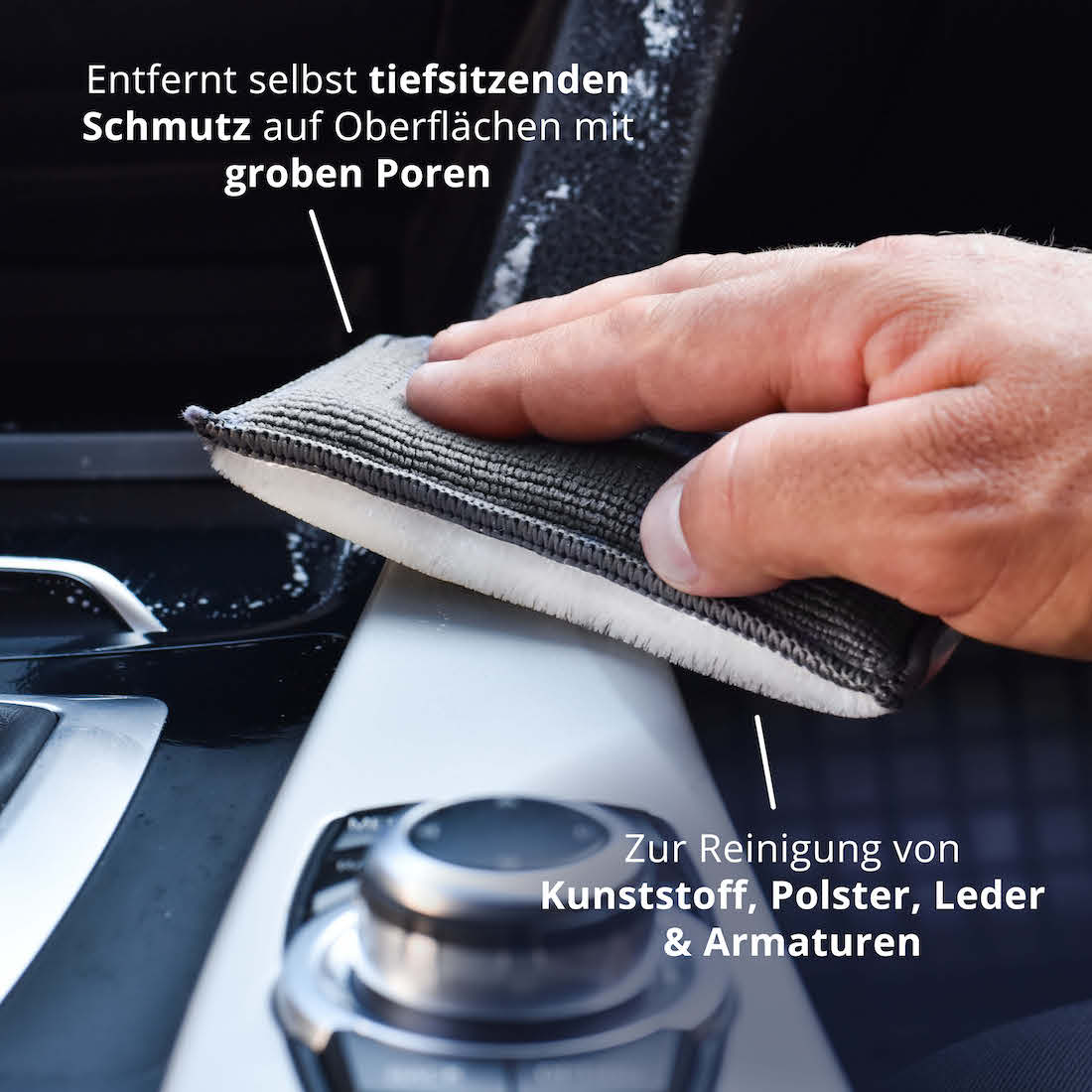 Extrem vielseitig=>Dank der speziellen Struktur reinigen unsere Innenraum Pads selbst grobporige Oberflächen wie Armaturen und Kunststoff mühelos.