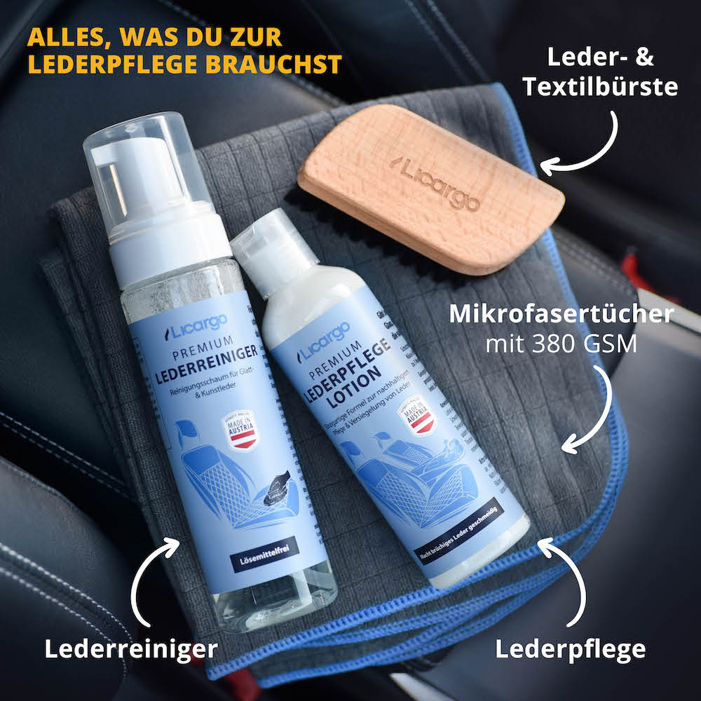 Passt perfekt dazu=>Für eine optimale Reinigung und Pflege Deiner Ledersitze empfehlen wir Dir zusätzlich unsere Lederpflege Lotion in Kombination mit unserer speziellen Lederbürste.