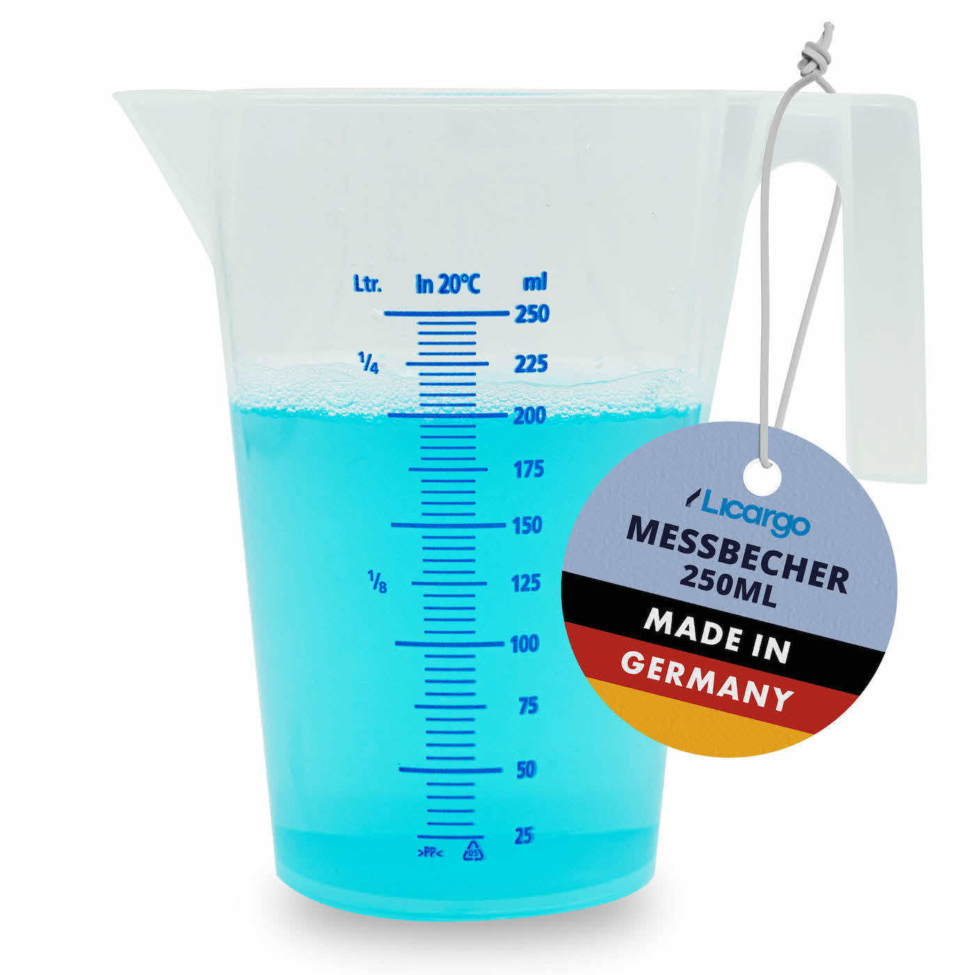Messbecher Made in Germany=>Unserer Messbecher hat ein Volumen von 250 ml und verfügt über eine feine Skala für perfekte Ablesegenauigkeit.