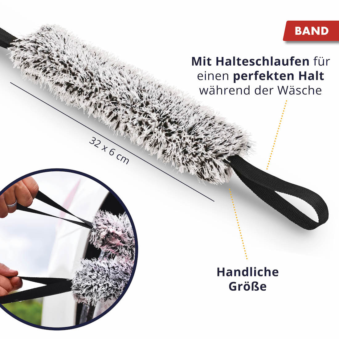 Einfaches Handling=>Mit den beiden praktischen Halteschlaufen garantiert Dir unser Felgenputzband ein müheloses und sicheres Handling.