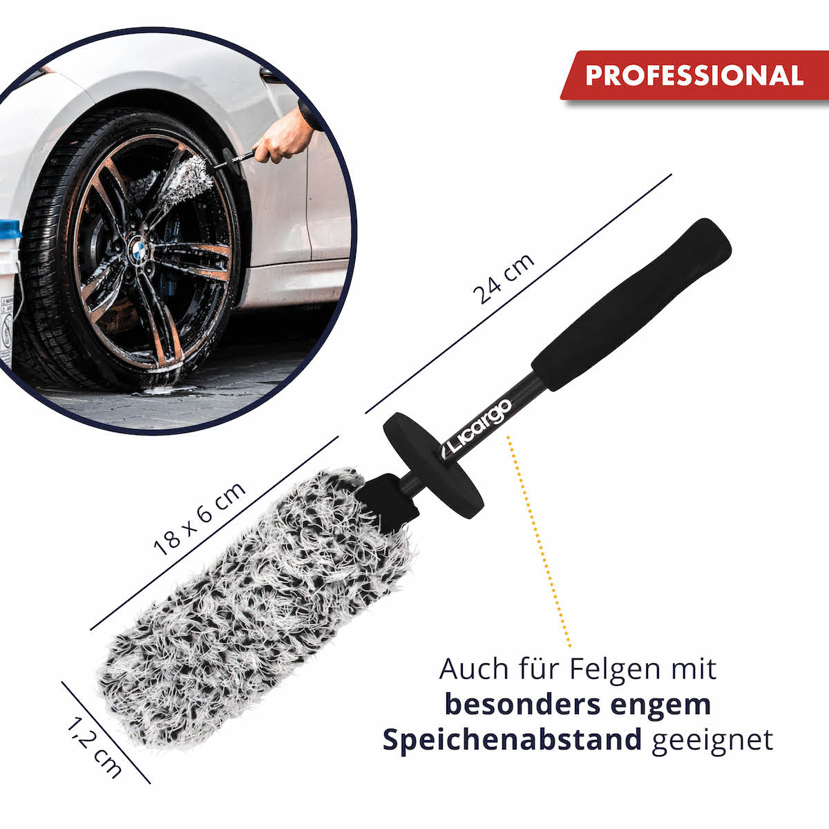 Passt in jede Speiche=>Unsere Felgenbürste ist die perfekte Wahl, selbst für Felgen mit besonders engem Speichenabstand. Dank ihres schlanken Designs passt sie in jede Speiche.