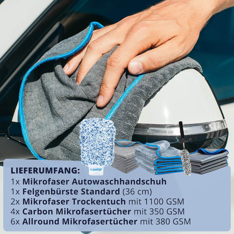 Alles für die Autowäsche=>Lieferumfang: 2x Mikrofasertücher 1100 GSM, 4x Glas Mikrofasertücher 350 GSM, 1x Waschhandschuh 1x Felgenbürste Standard, 6x Allround Mikrofasertücher 380 GSM