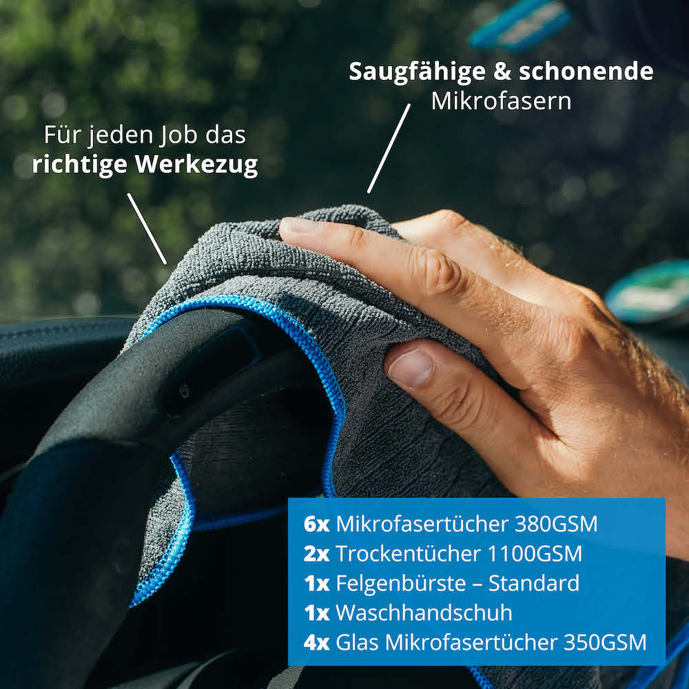 Alles für die Autowäsche=>Lieferumfang: 2x Trockentücher 1100GSM, 4x Glas Mikrofasertücher 350GSM, 1x Waschhandschuh, 1x Felgenbürste – Standard, 6x Mikrofasertücher 380GSM