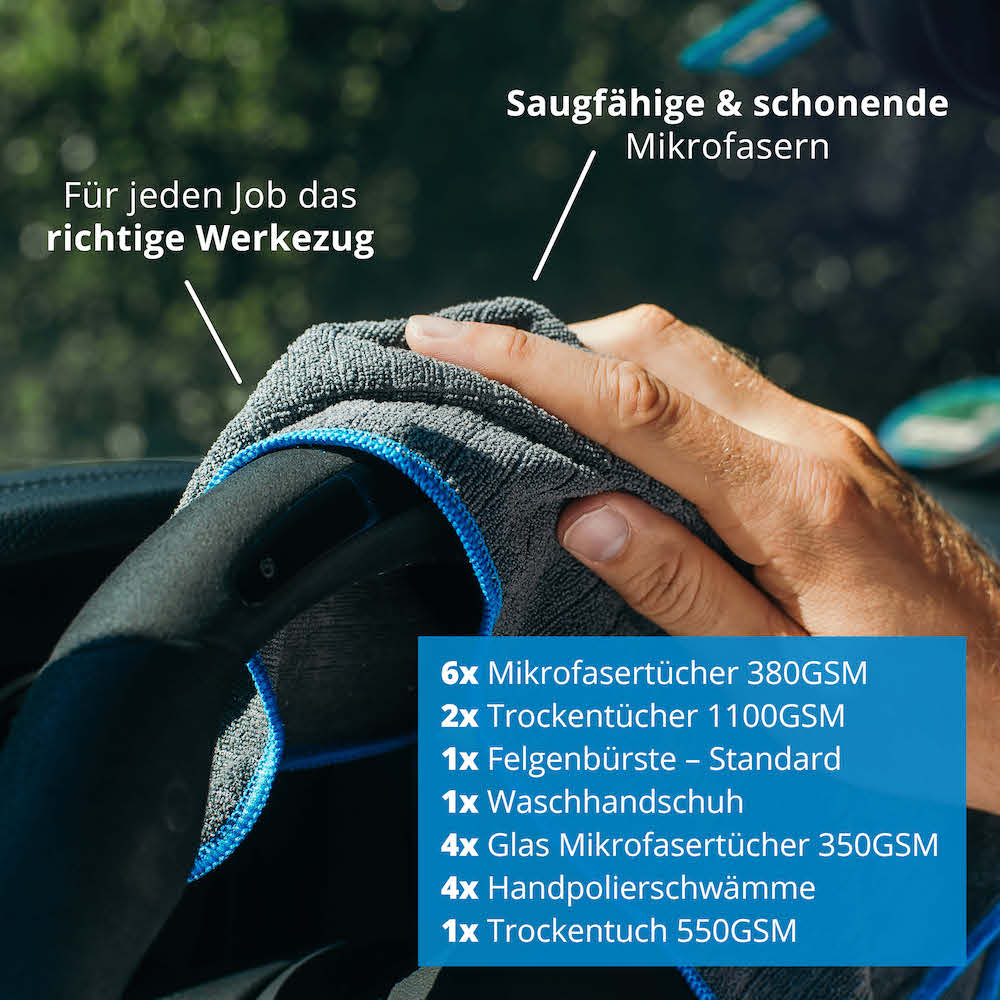 Alles für die Autowäsche=>Lieferumfang: 2x Trockentücher 1100GSM, 4x Glas Mikrofasertücher 350GSM, 1x Waschhandschuh, 1x Felgenbürste – Standard, 6x Mikrofasertücher 380GSM, 4x Handpolierschwämme, 1x Trockentuch 550GSM