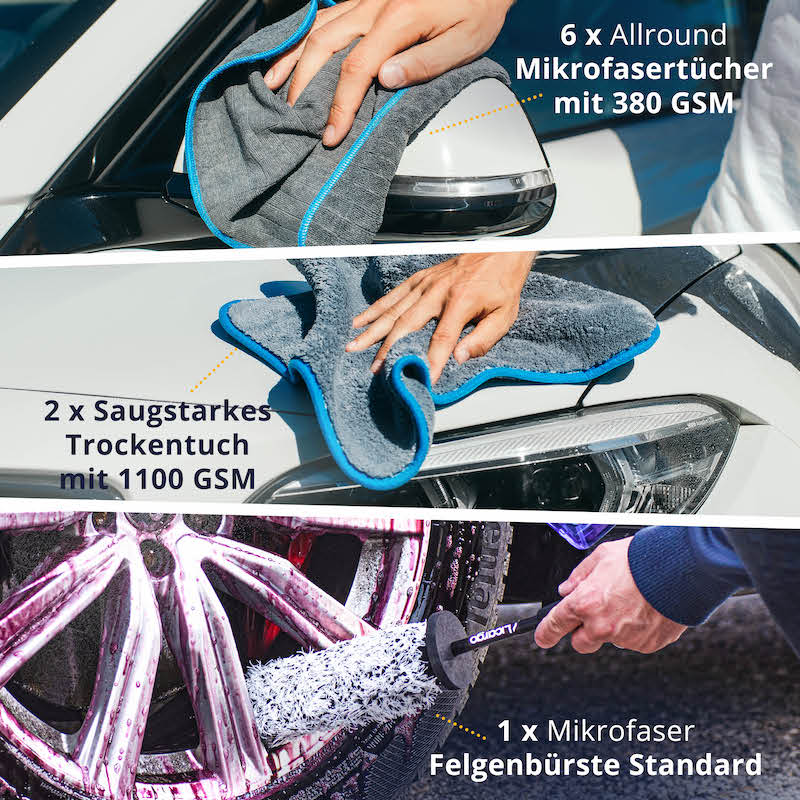 Deine Grundausstattung=>Lieferumfang: 1x Felgenbürste Standard, 2x Mikrofasertücher 1100 GSM, 6x Allround Mikrofasertücher 380 GSM