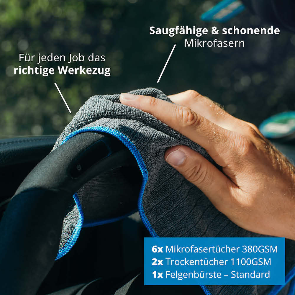 Deine Grundausstattung=>Lieferumfang: 1x Felgenbürste – Standard, 2x Trockentücher 1100GSM, 6x Mikrofasertücher 380GSM