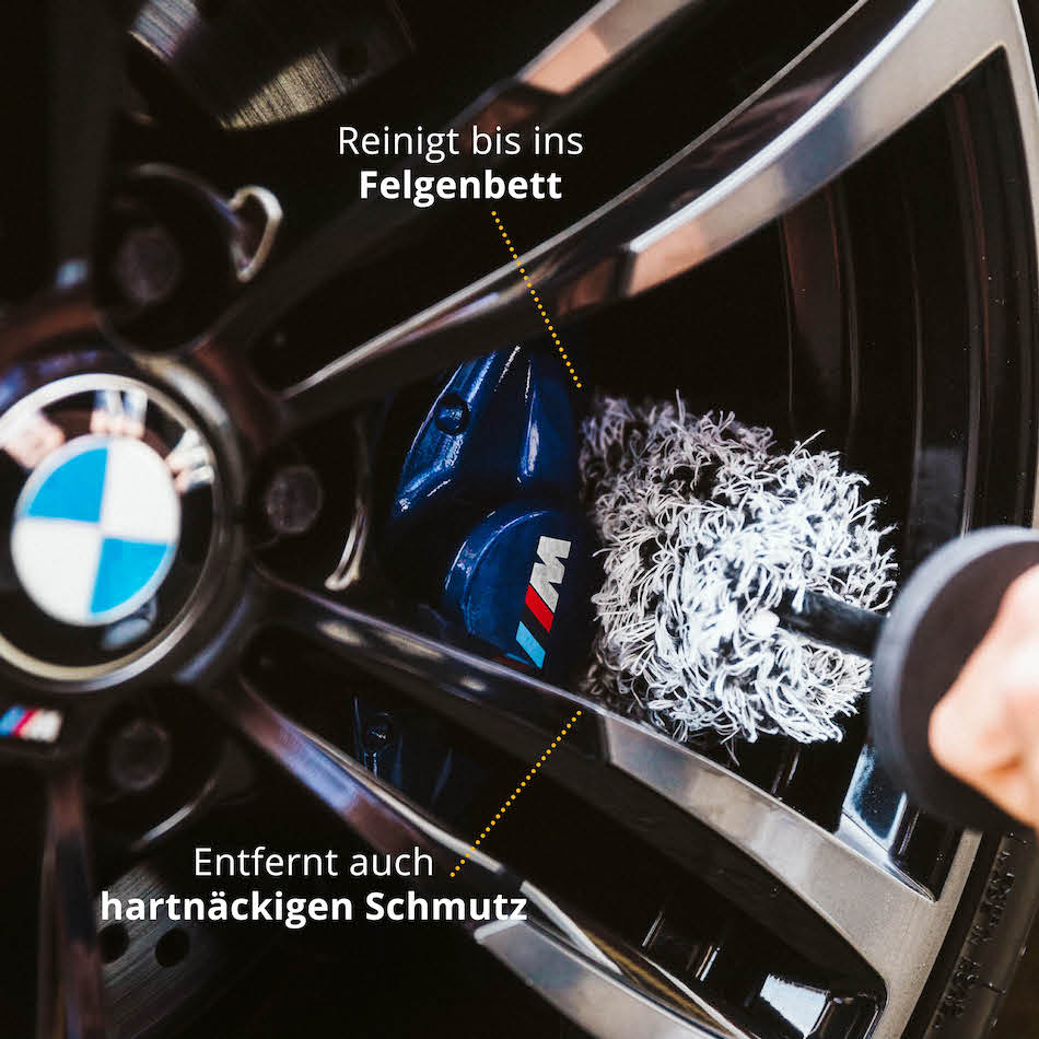 Stahlend saubere Felgen=>Die Licargo Mikrofaser Felgenbürste entfernt selbst hartnäckige Verschmutzungen wie z.B. eingebrannten Bremsstaub.