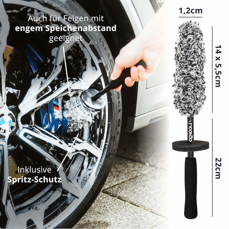 Durchdachte Bürste=>Unsere Felgenbürste bietet Dir einen sicheren Halt, schützt Deine Hände vor lästigen Spritzern und ermöglicht eine effektive Reinigung der Felgen.