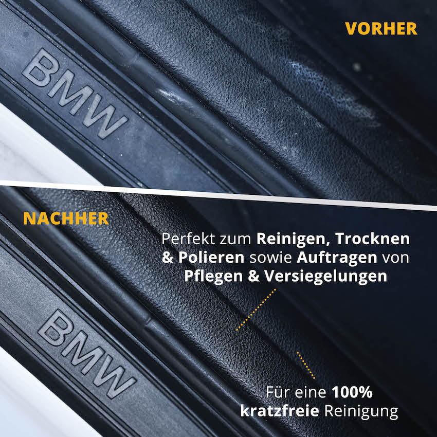 Vorher-Nachher-Effekt=>Unser Allzweck Mikrofasertuch glänzt bei Reinigung, Trocknen, Polieren und dem Auftragen von Pflegen & Versiegelungen. Mit einem 100% kratzfreien Ergebnis und einem beeindruckenden Vorher-Nachher-Effekt.