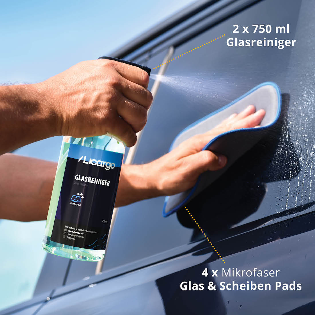 Dein Set für saubere Scheiben=>Lieferumfang: 2x Glasreiniger 750 ml, 4x Glas Pads