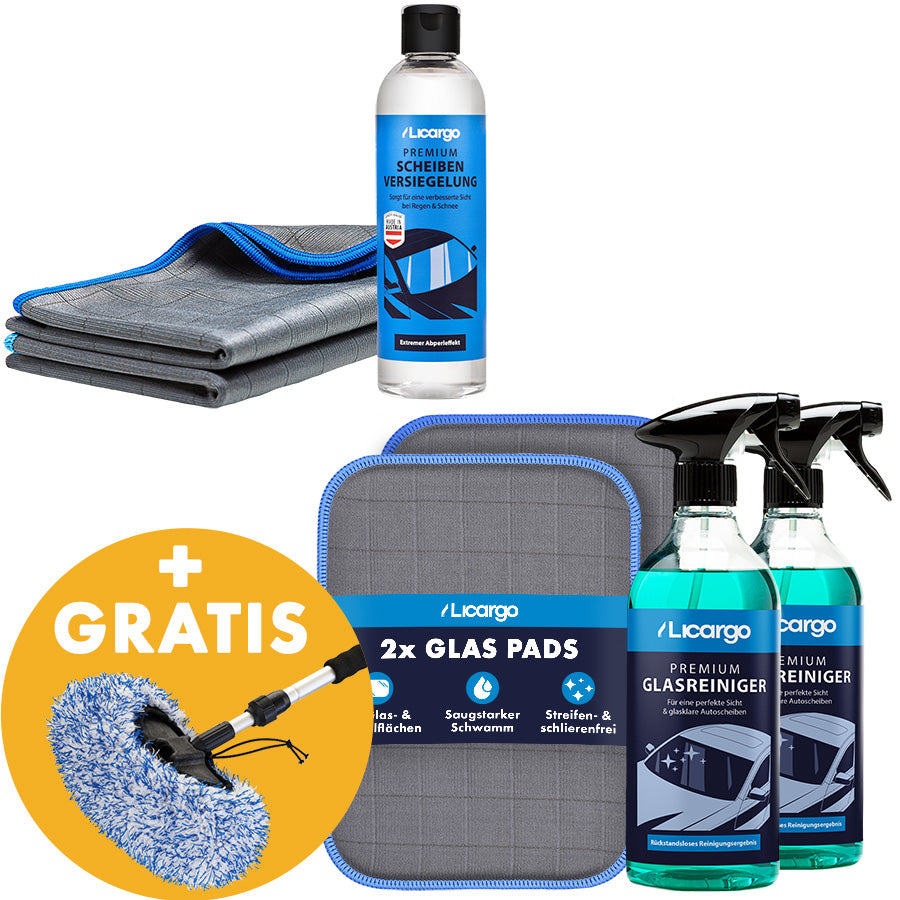 Klare Sicht & Lotus Effekt=>Dieses Set ist unsere Antwort auf perfekte Scheibenpflege. Mit unserem Reiniger und den Glas Pads gelingt jede Scheibenreinigung. Ergänzt durch unsere Scheibenversiegelung für langanhaltenden Schutz.