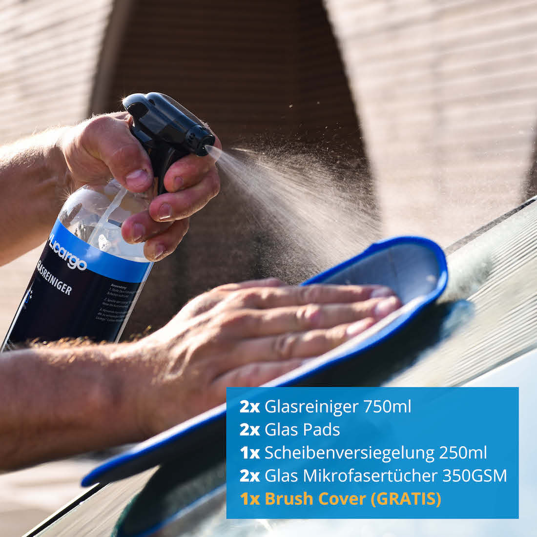 Sauber & versiegelt=>Lieferumfang: 2x Glasreiniger 750ml, 2x Glas Pads, 2x Glas Mikrofasertücher 350GSM, 1x Scheibenversiegelung 250ml, Gratis Mikrofaser Brush Cover