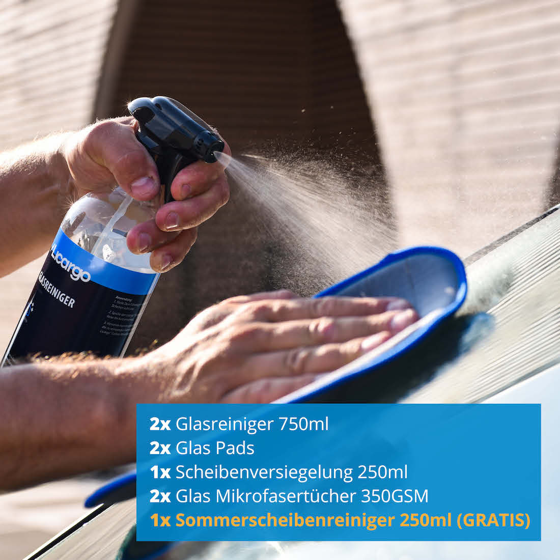 Sauber & versiegelt=>Lieferumfang: 2x Glasreiniger 750ml, 2x Glas Pads, 2x Glas Mikrofasertücher 350GSM, 1x Scheibenversiegelung 250ml, Gratis Sommerscheibenreiniger Konzentrat - 250ml