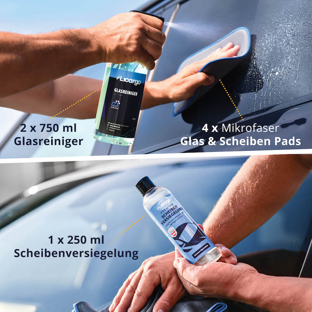 Sauber & versiegelt=>Lieferumfang: 2x Glasreiniger 750 ml, 4x Glas Pads, 1x Scheibenversiegelung 250 ml
