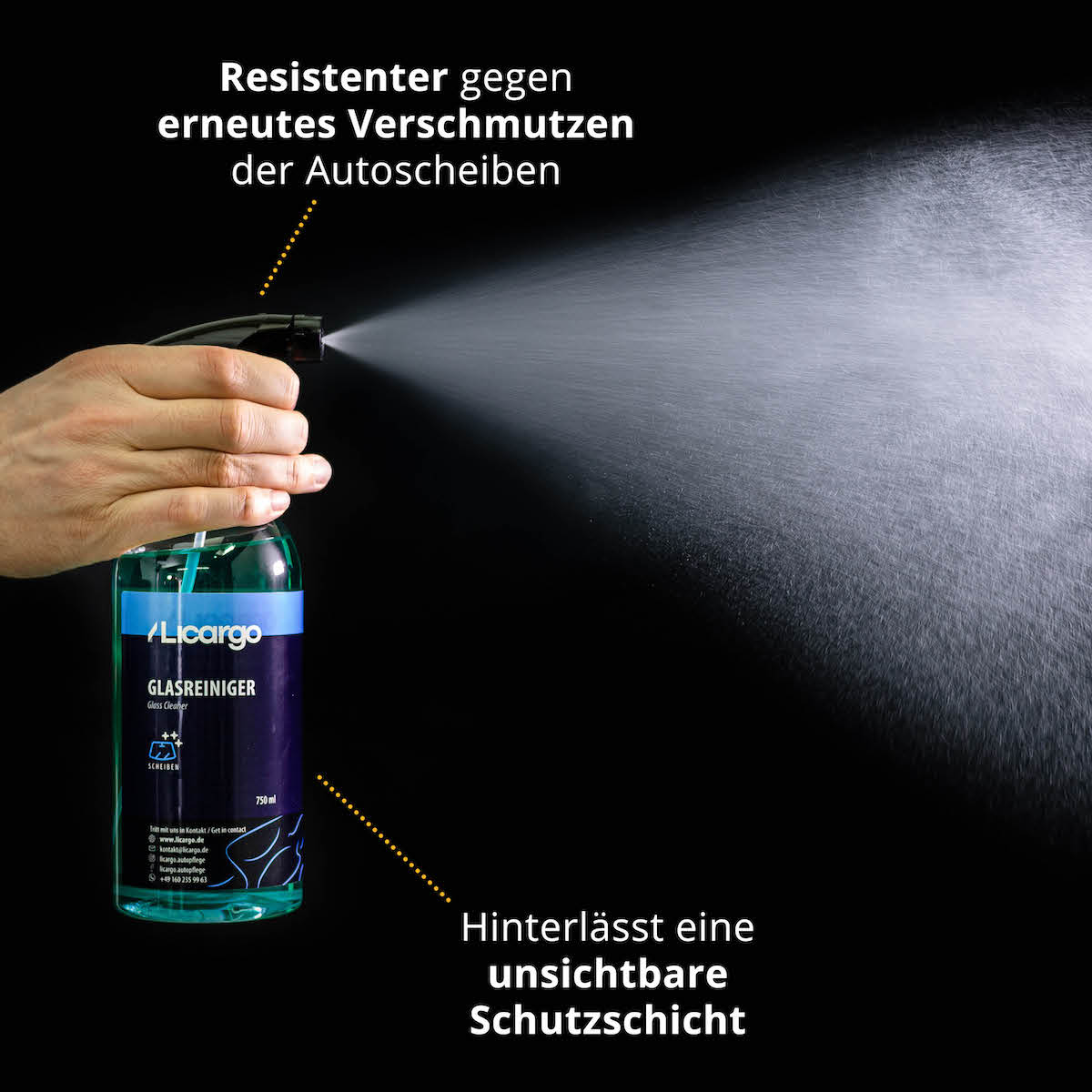 Tiefenwirkung & Abperleffekt=>Dank der Tiefenwirkung erzeugt der Glasreiniger einen Abperleffekt, der Schmutz und Wasser effektiv abweist.