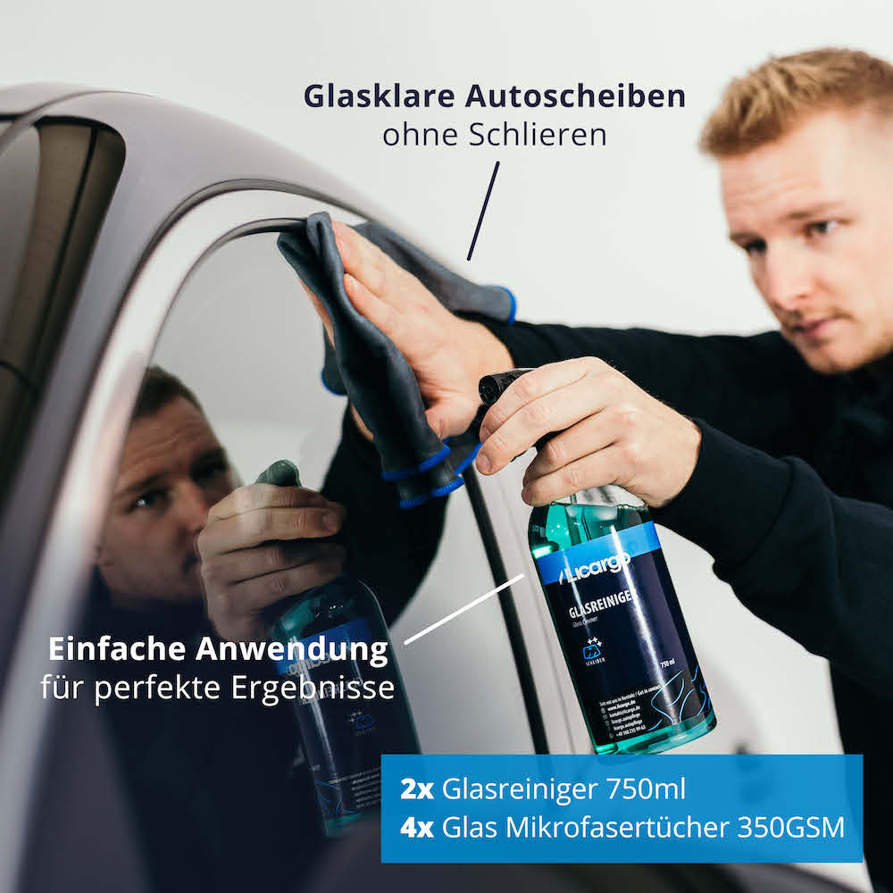 Klare Sicht bei jeder Fahrt=>Lieferumfang: 2x Glasreiniger 750 ml, 4x Glas Mikrofasertücher 350 GSM