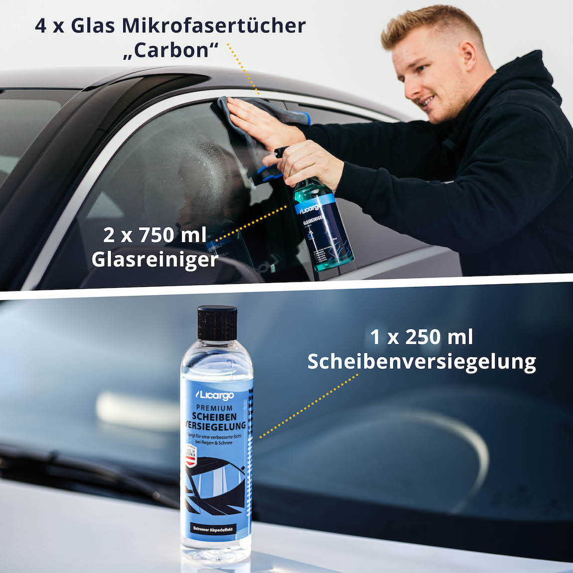 Sauber & versiegelt=>Lieferumfang: 2x Glasreiniger 750 ml, 1x Scheibenversiegelung 250 ml, 4x Glas Mikrofasertücher 350 GSM