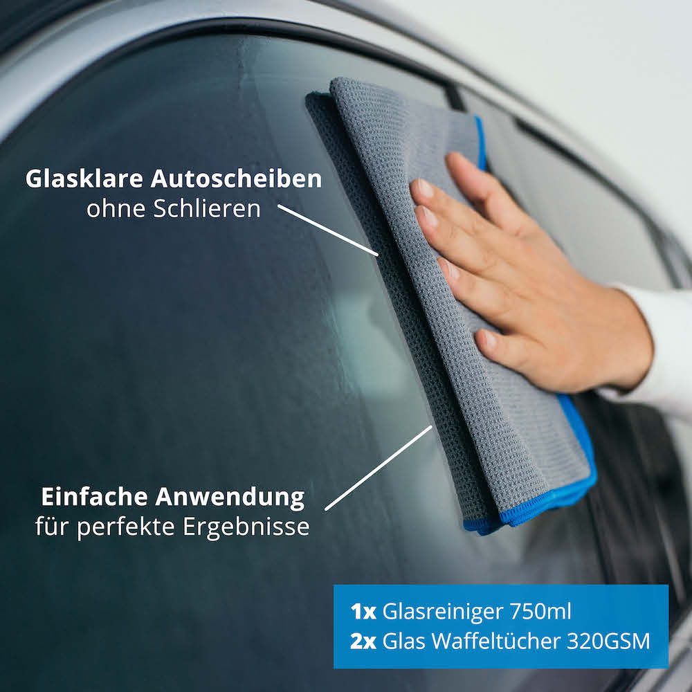 Einfach, schnell & effektiv=>Lieferumfang: 1x Glasreiniger 750ml, 2x Glas Waffeltücher 320GSM