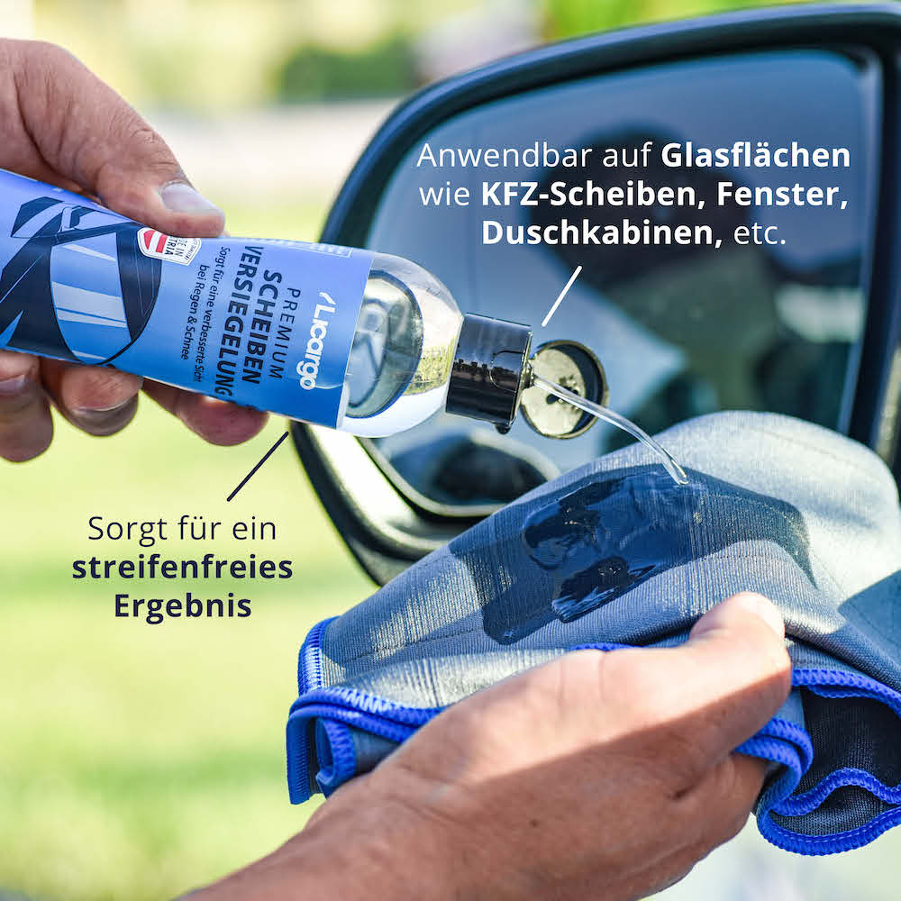 Streifenfreie Glasflächen=>Neben der Anwendung auf allen KFZ-Scheiben lässt sich unsere Scheibenversiegelung auch im Hauhalt für Duschkabinen oder Fenster einsetzen.
