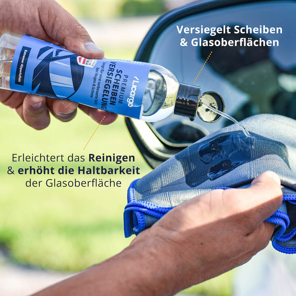 Schmutz- & Wasserabweisend=> Unsere Scheibenversiegelung erleichtert das Reinigen, erhöht die Haltbarkeit der Glasoberfläche und versiegelt sie effektiv für einen lang anhaltenden Schutz.