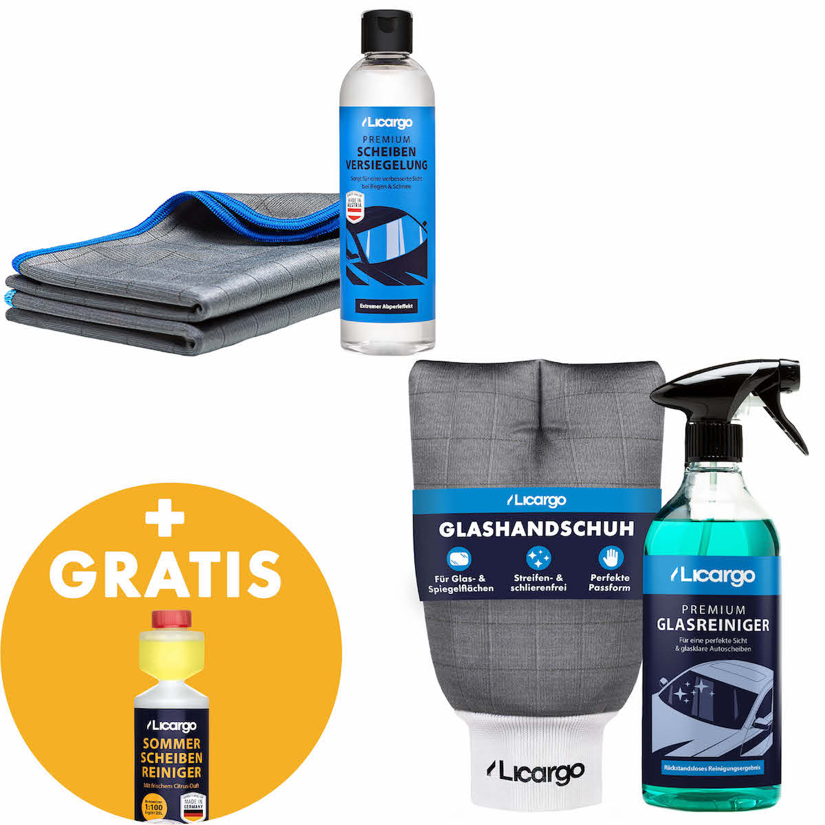 Lieferumfang=>Lieferumfang: 1x 250 ml Scheibenversiegelung, 1x 750 ml Glasreiniger, 1x Glashandschuh, 2x Glas Mikrofasertücher, 1x Gratis Sommerscheibenreiniger