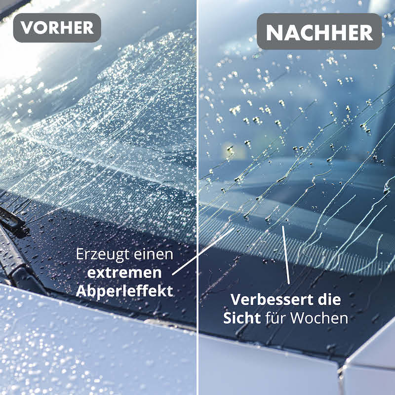 Wochenlang freie Sicht=>Wochenlang freie Sicht, auch bei Regen und Schnee – der Abperleffekt wirkt wie eine unsichtbare Schutzschicht auf Deinen Scheiben.