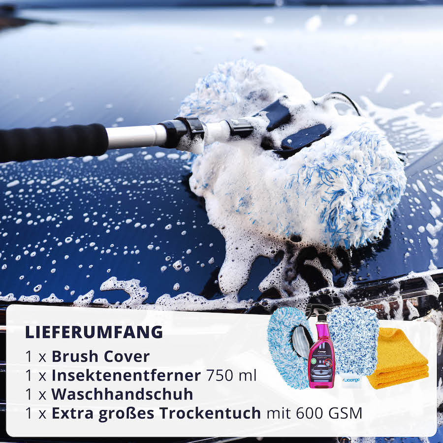 Effektiv waschen & trocknen=>Lieferumfang: 1x Großes Trockentuch 600 GSM, 1x Brush Cover, 1x Waschhandschuh, 1x Insektenentferner 750 ml