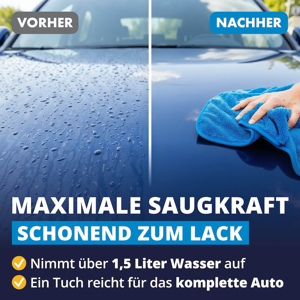 Unfassbare Saugkraft=>Die innovative Mikrofaser-Technologie entfesselt extreme Saugkraft und nimmt über 1,5 Liter Wasser auf. Ein einziges Tuch reicht, um Dein Auto vollständig und makellos zu trocknen.