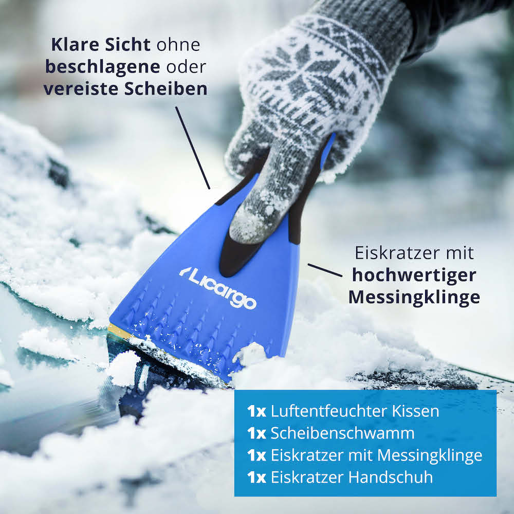 Passender Inhalt=>Lieferumfang: 1x Gefütterter Handschuh, 1x Luftentfeuchter Kissen, 1x Scheibenschwamm, 1x Eiskratzer mit Messingklinge