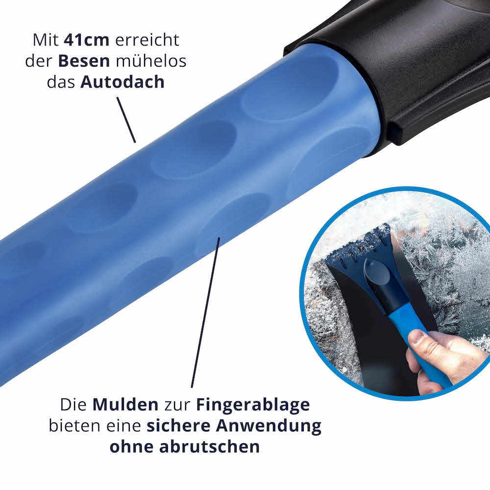 Freie & sichere Sicht=>Dank der Mulden und des ergonomischen Griffs kannst du den Eiskratzer fest und bequem halten, um Eis und Schnee effizient von Deinen Scheiben zu entfernen.
