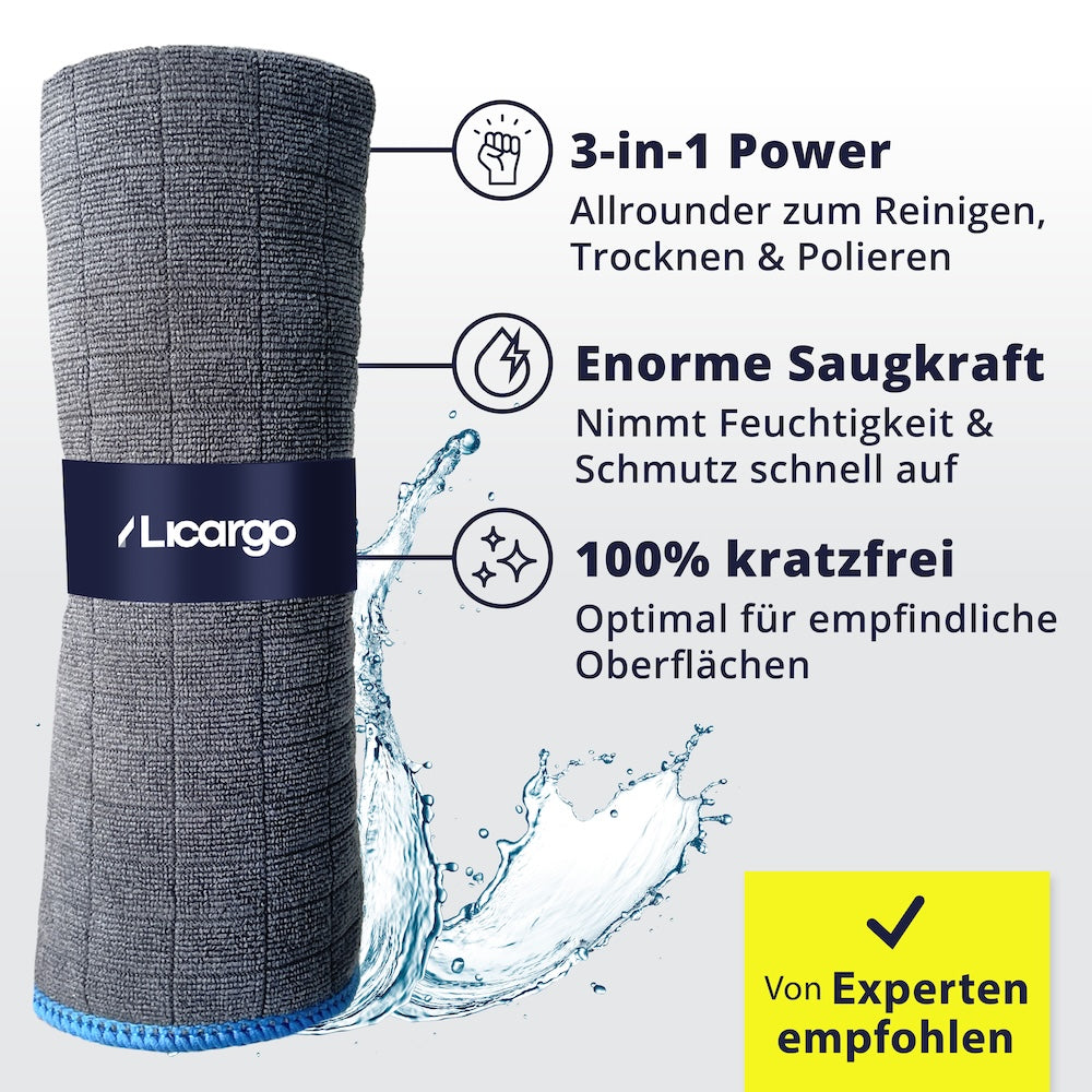 Extrem Aufnahmefähig=>Die extrem saugstarken Fasern nehmen Schmutz und Wasser zuverlässig auf und hinterlassen keine Rückstände oder Fusseln. Die extraweiche Struktur sorgt zudem für eine kratzfreie Reinigung, auch bei empfindlichen Oberflächen wie Lack und Glas.