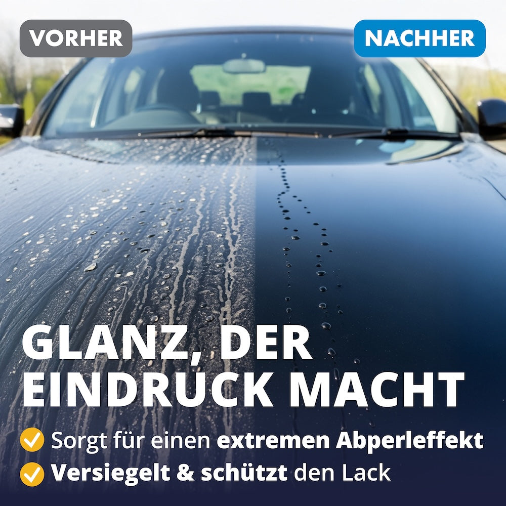 Neuwagen-Look ohne Aufwand=>Langzeit-Glanz mit starkem Abperleffekt – Dein Auto bleibt sichtbar länger sauber, und Du musst viel seltener zur Waschbox. Weniger Aufwand, mehr Wow-Effekt.