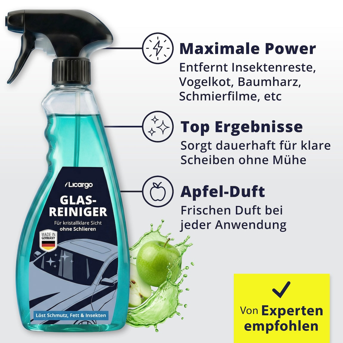 Entwickelt für höchste Ansprüche=>Die kraftvolle Formel mit frischem Apfelduft löst Schmutz, Fett und Insektenreste zuverlässig – und das ganz ohne aggressive Chemie.