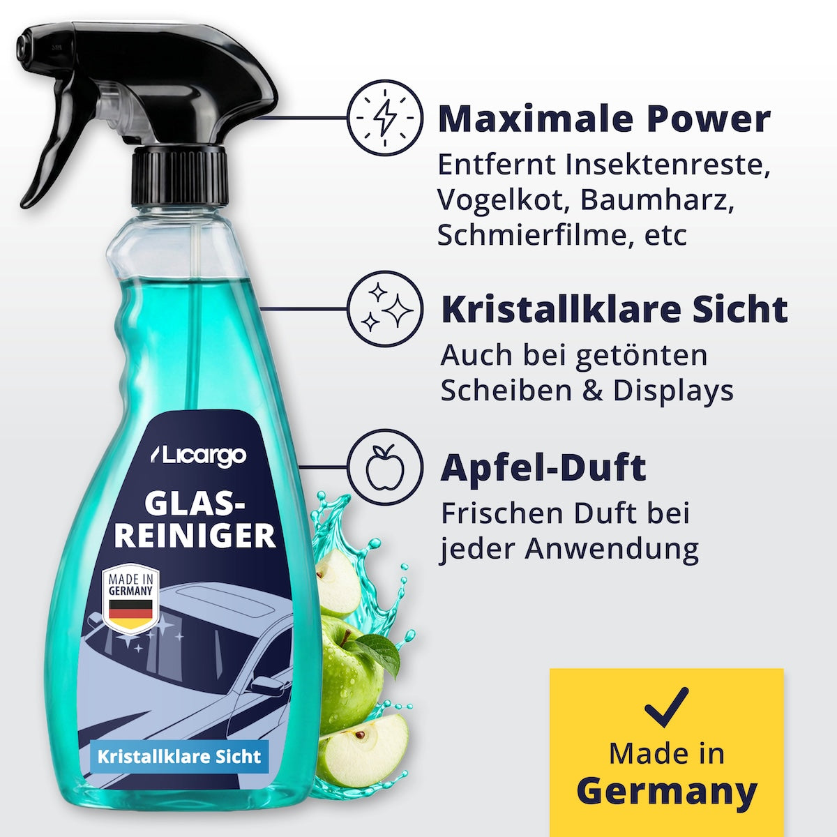 Entwickelt für höchste Ansprüche=>Die kraftvolle Formel mit frischem Apfelduft löst Schmutz, Fett und Insektenreste zuverlässig – und das ganz ohne aggressive Chemie.