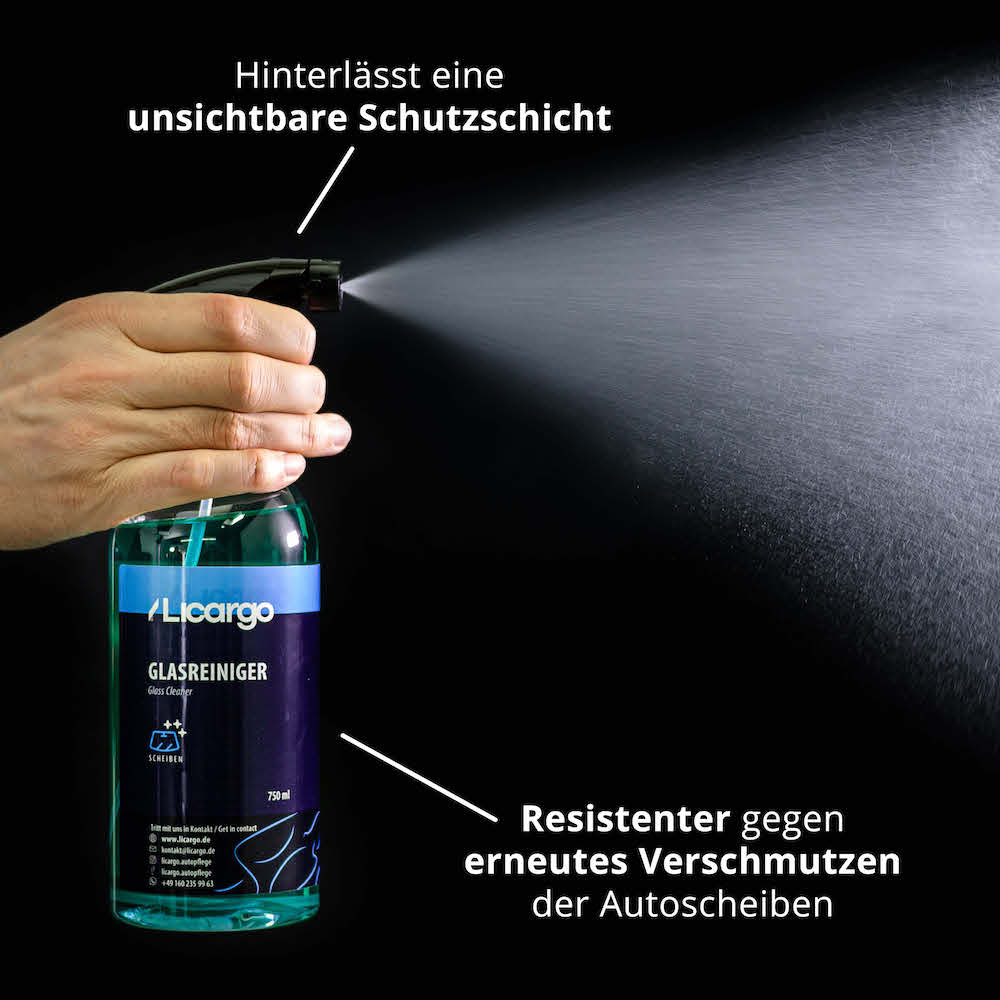 Mit unsichtbarer Schutzschicht=>Bei der Reinigung legt sich eine schützende Schicht um die Glas- oder Spiegeloberfläche, was sie resistenter gegen erneutes Verschmutzen macht.