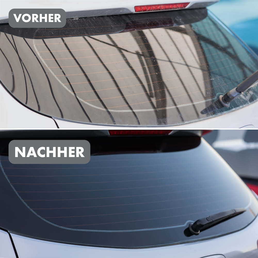 Vorher-Nachher-Effekt=>Überzeug Dich selbst! Am besten verwendest Du den Glasreiniger in Kombination mit unseren Glas Mikrofasertüchern oder unseren speziell entwickelten Glas Pads.