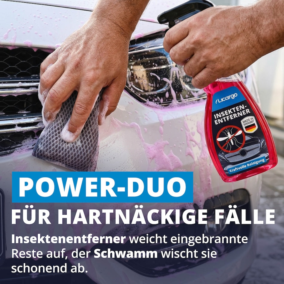 Maximale Reinigungskraft=>In Kombination mit unserem Insektenentferner erzielst Du das beste Ergebnis! Der Reiniger löst selbst hartnäckige Rückstände an, während die Schwämme alles mühelos aufnehmen.