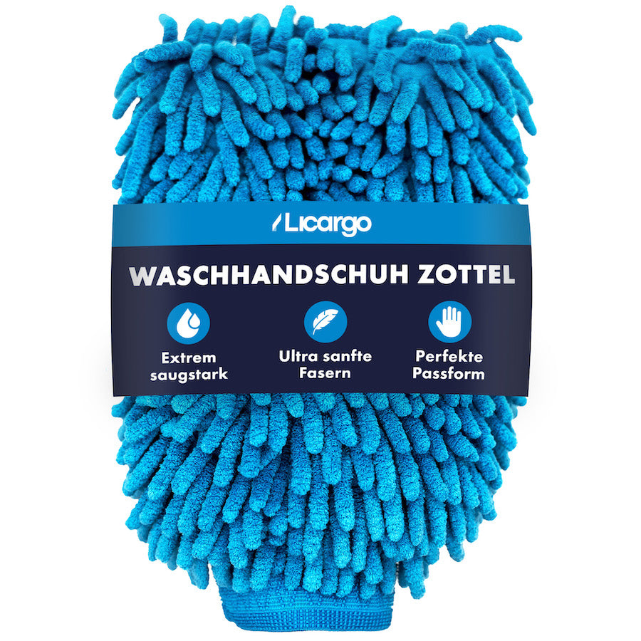 Waschhandschuh mit Zotteln=>Die Chenille Zotteln sorgen für eine sehr gute und schonende Aufnahme von Schmutzpartikeln.