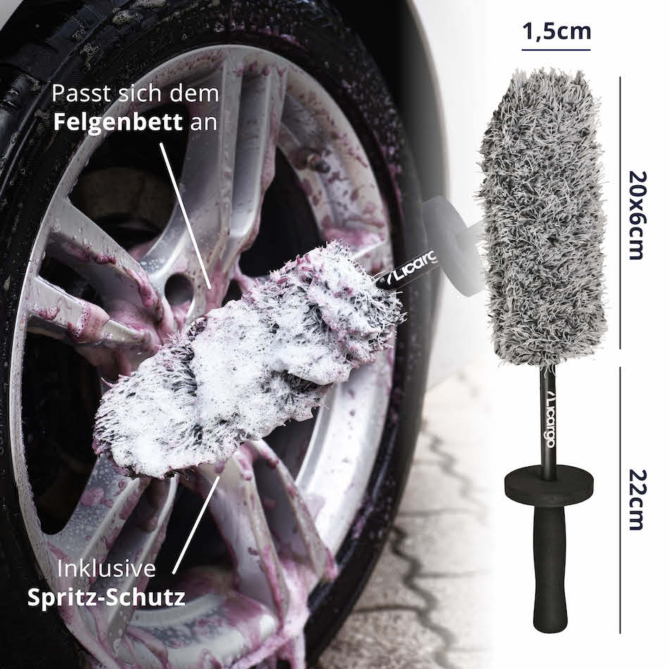 Durchdachte Bürste=>Unsere Felgenbürste bietet Dir einen sicheren Halt, schützt Deine Hände vor lästigen Spritzern und ermöglicht eine effektive Reinigung der Felgen.