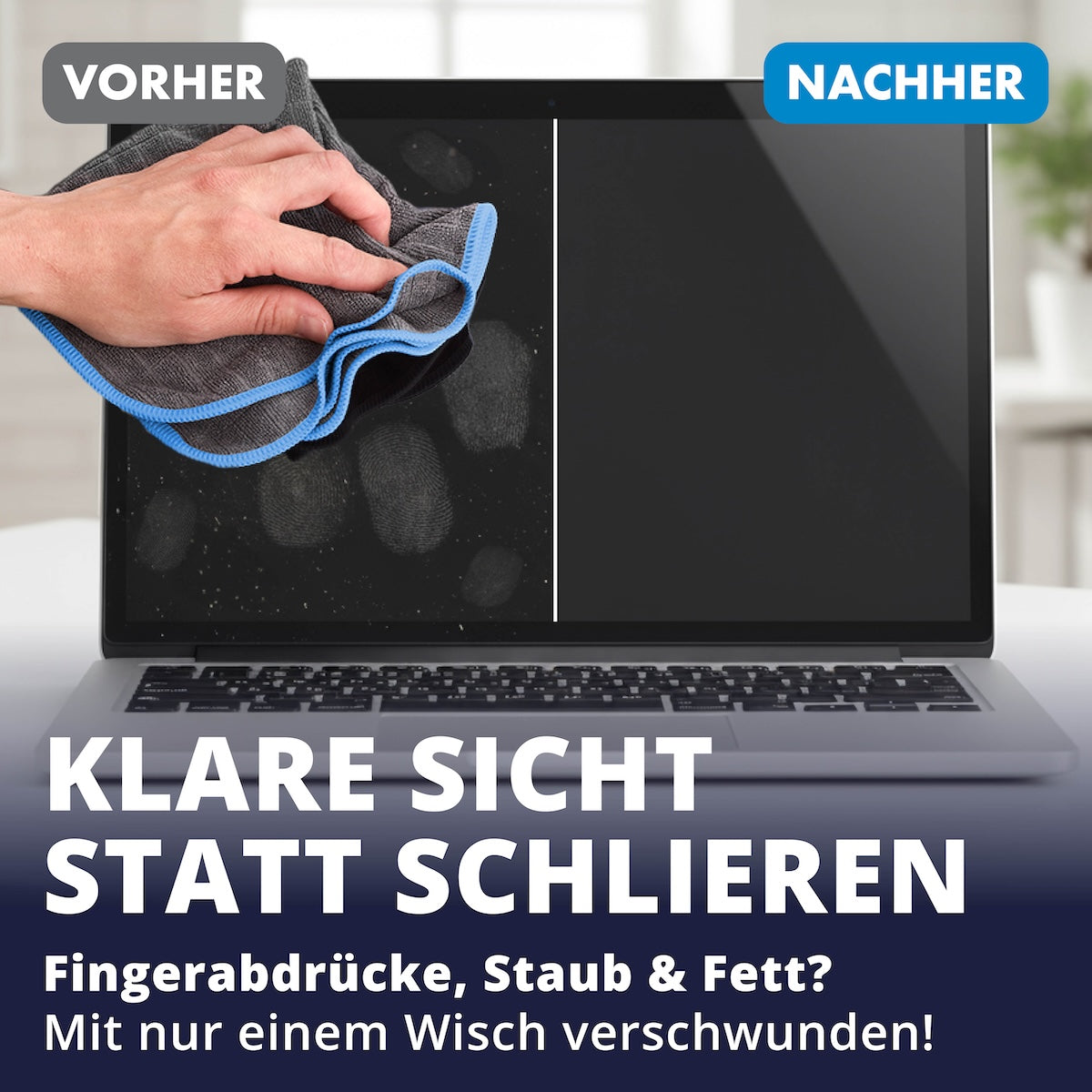 Streifenfrei in Sekunden=>Alltagsverschmutzungen verschwinden mit nur einem Wisch – zurück bleibt ein glasklarer Bildschirm, der aussieht wie neu. Schnell, einfach und sichtbar sauber.