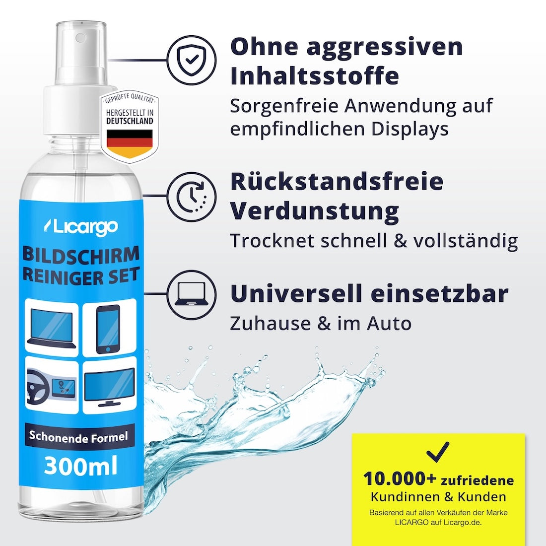 Ein Reiniger für alles=>Sanft zu empfindlichen Displays, stark gegen Schmutz.
Zudem verdunstet der Reiniger rückstandsfrei und sorgt für ein sauberes Finish nach jeder Anwendung.
