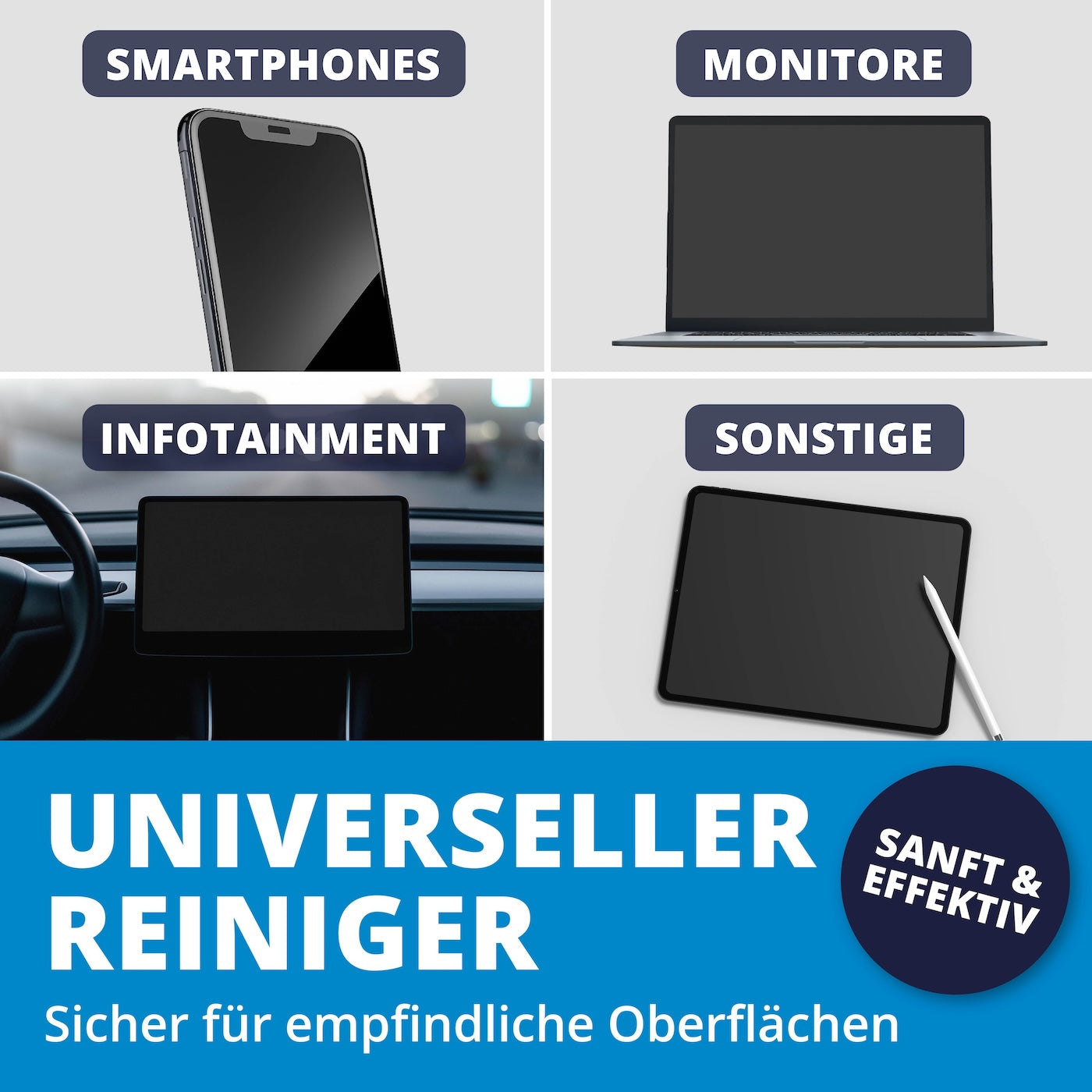 Für alle Displayarten=>Egal ob Smartphone, Fernseher oder Infotainment-Display – unser Reiniger sorgt überall für beeindruckende Sauberkeit.