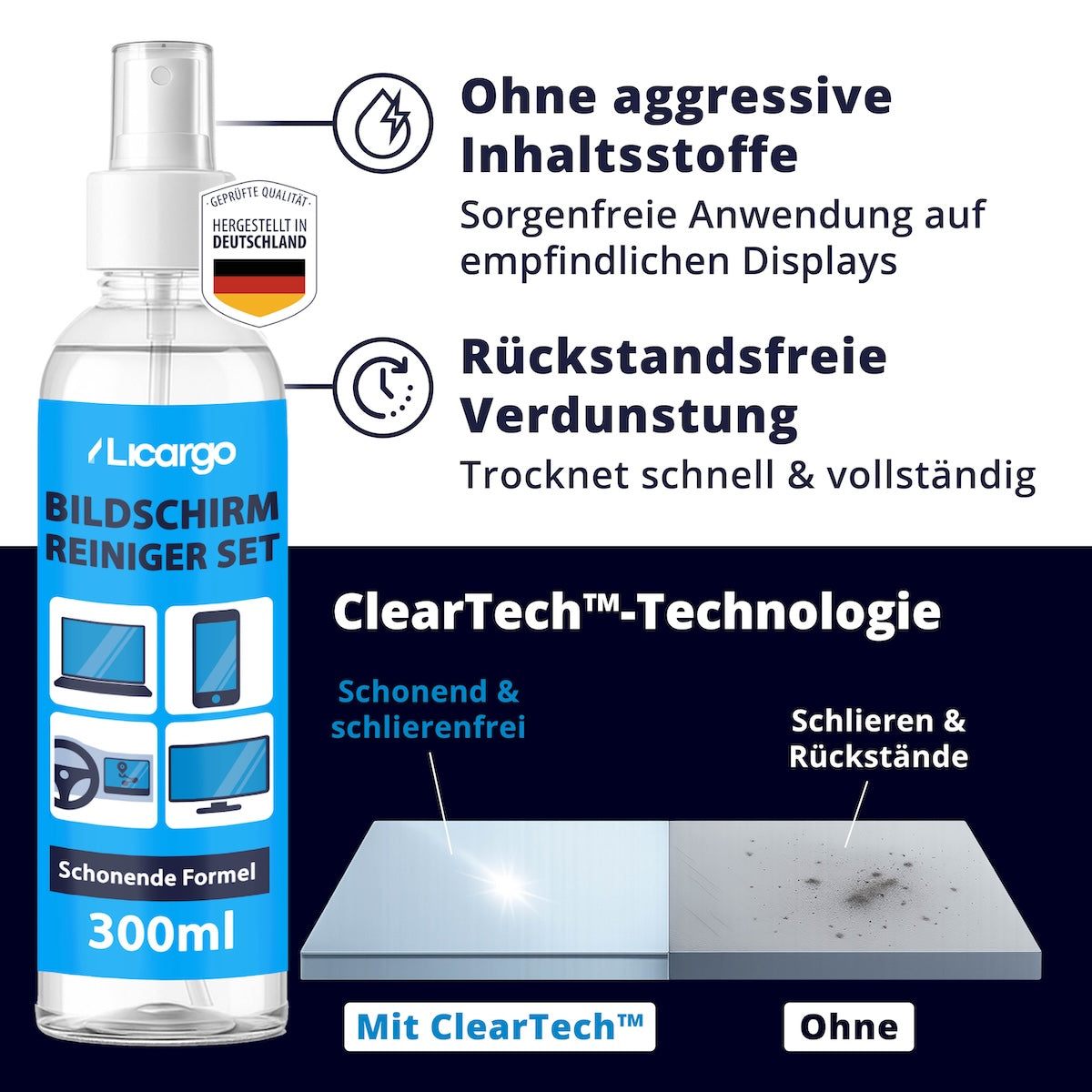 Effektive Technologie=>Unsere ClearTech-Formel entfernt Schmutz und Fingerabdrücke rückstandsfrei – ganz ohne aggressive Inhaltsstoffe. Entwickelt für streifenfreie Ergebnisse, wo andere Reiniger versagen.