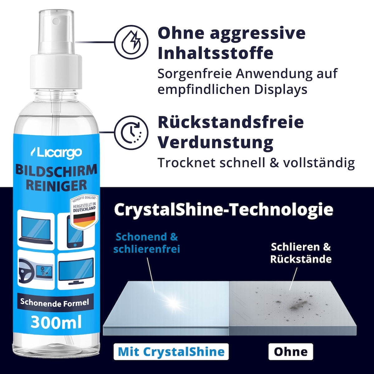 Effektive Technologie=>Unsere CrystalShine-Formel entfernt Schmutz und Fingerabdrücke rückstandsfrei – ganz ohne aggressive Inhaltsstoffe. Entwickelt für streifenfreie Ergebnisse, wo andere Reiniger versagen.