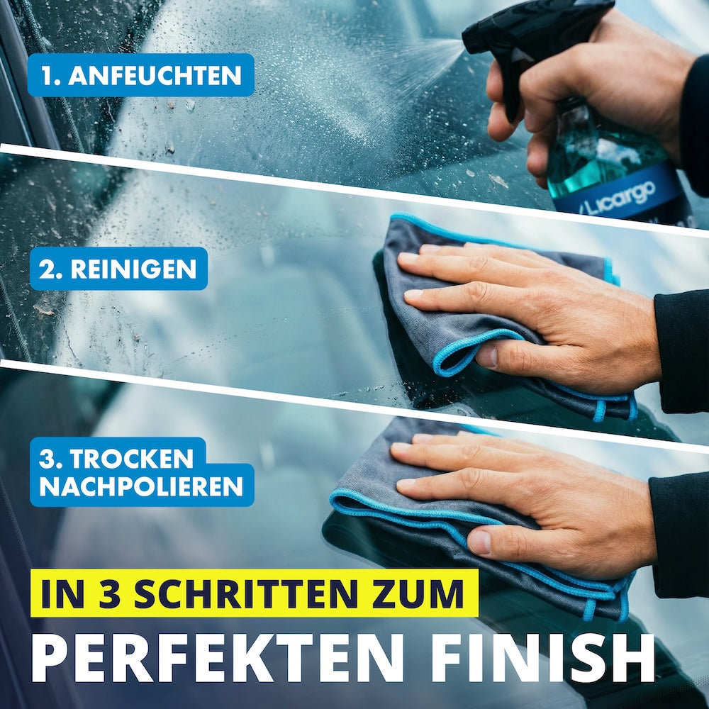Das perfekte Glas-Finish=>Mit der richtigen Technik geht’s schnell: leicht anfeuchten, reinigen und anschließend trocken nachpolieren. Für klare Scheiben ohne nerviges Nacharbeiten.